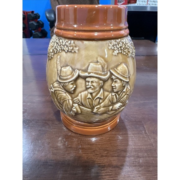 Handmade Vintage‎ Glazed Beer Mug Stein Farm Men Drinking Trees  Detailed 1973 - Picture 1 of 8